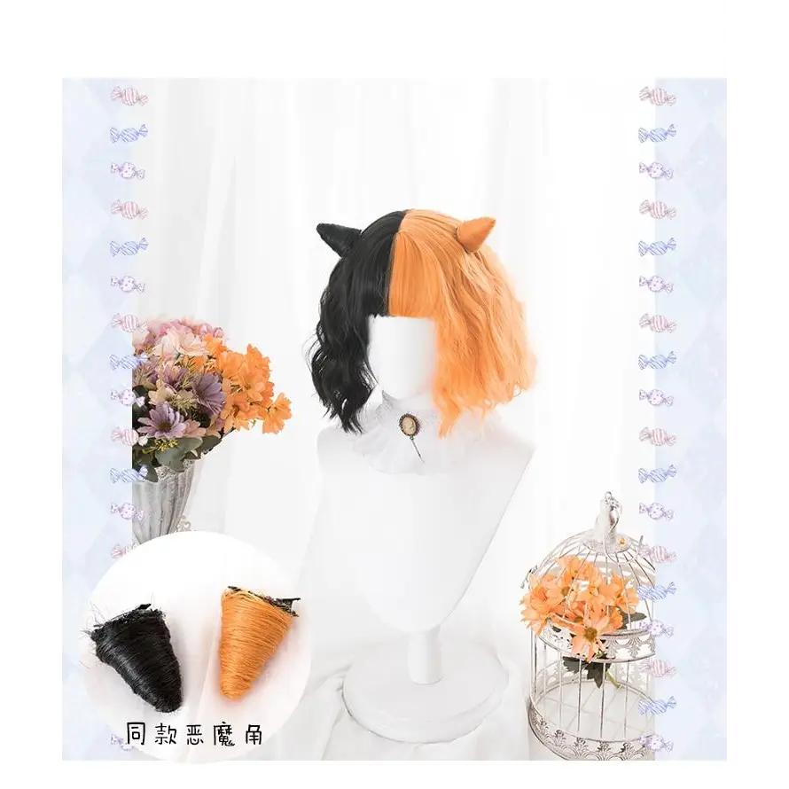 Orange and Black Two Tone Medium Length Lolita Wig in New Condition - wig