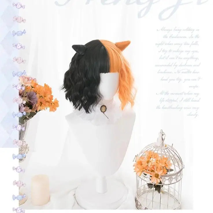 Orange and Black Two Tone Medium Length Lolita Wig in New Condition - Wig Without Horns - wig