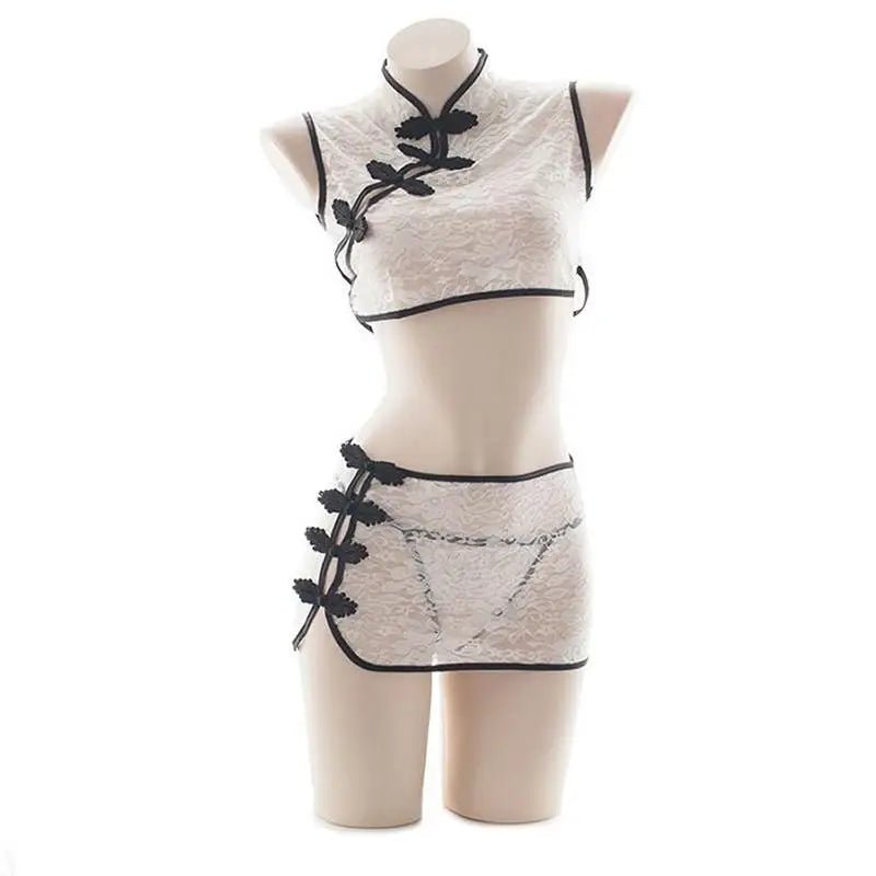 Oriental Inspired Lingerie Set with Lace and Asymmetrical Fastenings - Cosparty