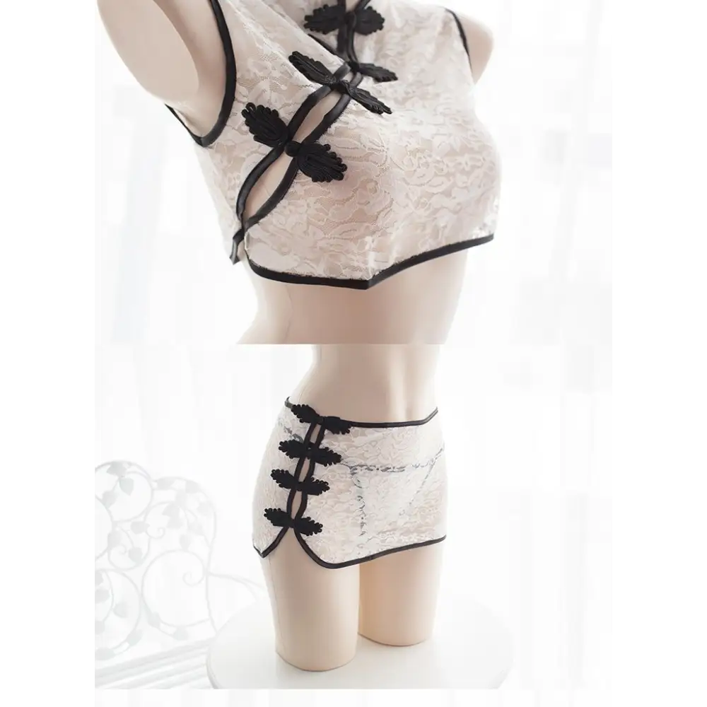 Oriental Inspired Lingerie Set with Lace and Asymmetrical Fastenings - lingerie