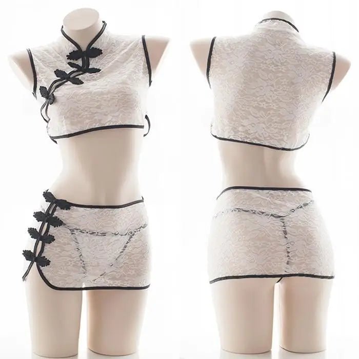 Oriental Inspired Lingerie Set with Lace and Asymmetrical Fastenings - Cosparty