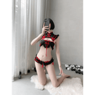 Oriental Inspired Lingerie Set with Ruffled Lace and Red Trim - Cosparty
