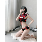 Oriental Inspired Lingerie Set with Ruffled Lace and Red Trim - onesie