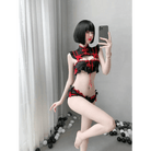 Oriental Inspired Lingerie Set with Ruffled Lace and Red Trim - Cosparty