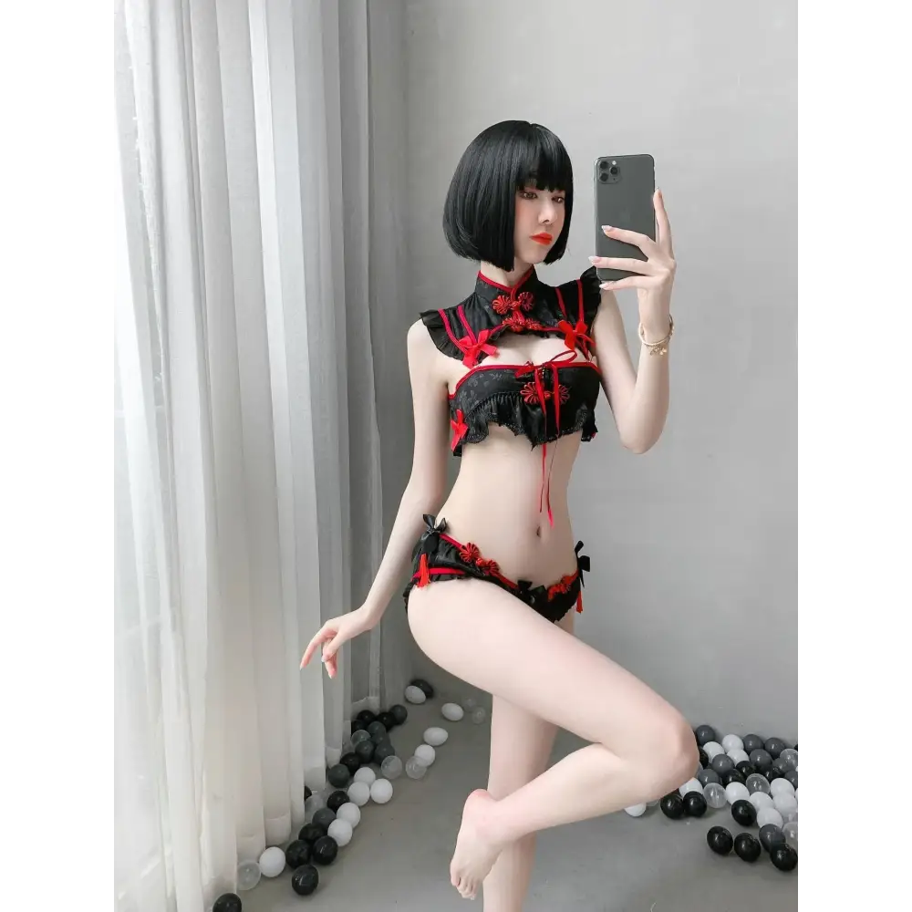 Oriental Inspired Lingerie Set with Ruffled Lace and Red Trim - onesie