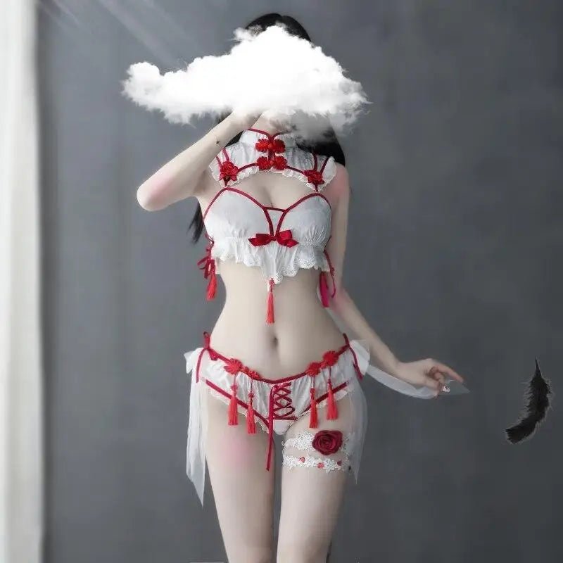 Oriental Inspired Lingerie Set with Ruffled Lace and Red Trim - Cosparty