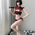 Oriental Inspired Lingerie Set with Ruffled Lace and Red Trim - onesie