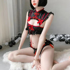 Oriental Inspired Lingerie Set with Ruffled Lace and Red Trim - Cosparty