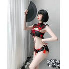 Oriental Inspired Lingerie Set with Ruffled Lace and Red Trim - Cosparty