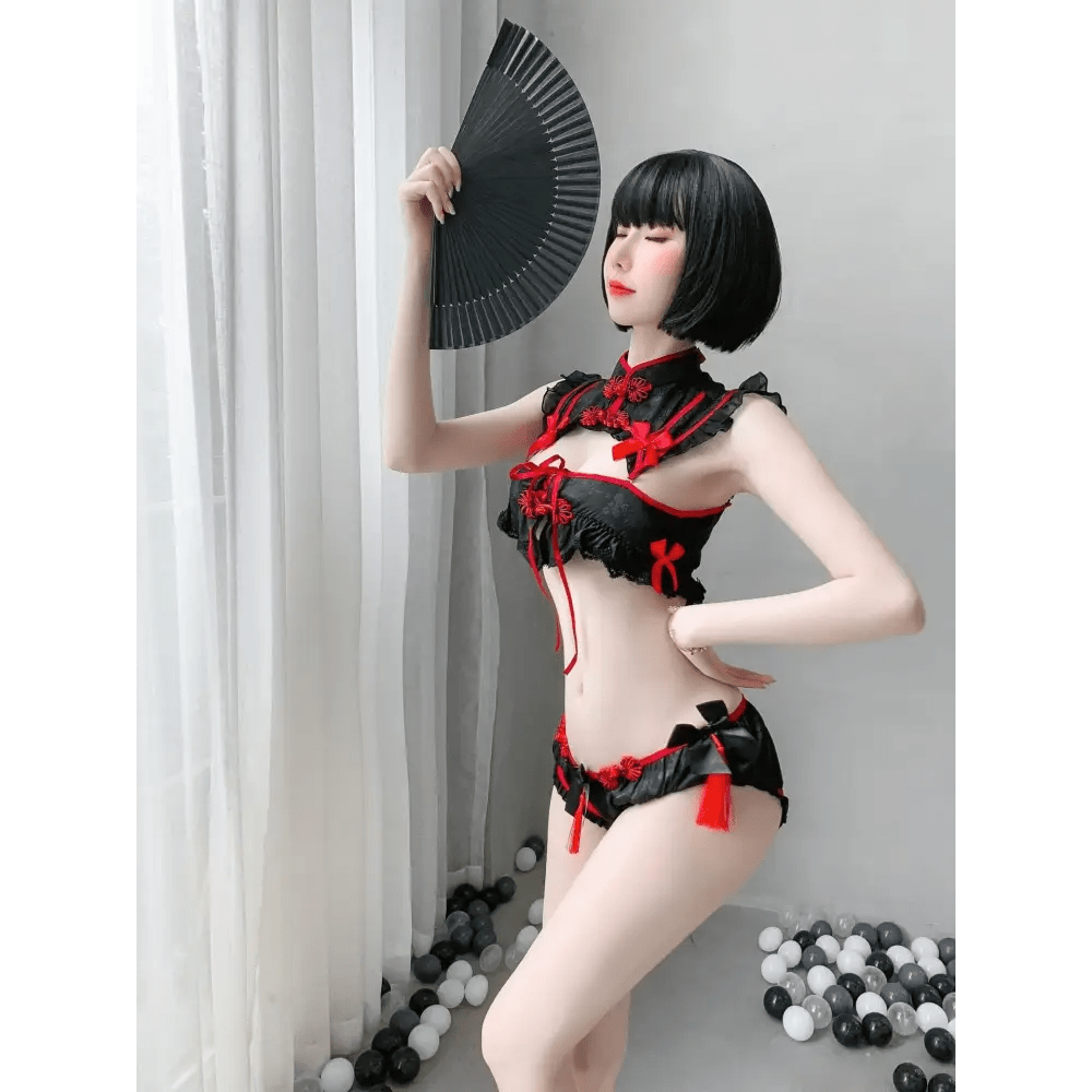 Oriental Inspired Lingerie Set with Ruffled Lace and Red Trim - Cosparty