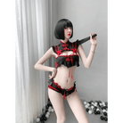 Oriental Inspired Lingerie Set with Ruffled Lace and Red Trim - Cosparty