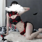 Oriental Inspired Lingerie Set with Ruffled Lace and Red Trim - Cosparty