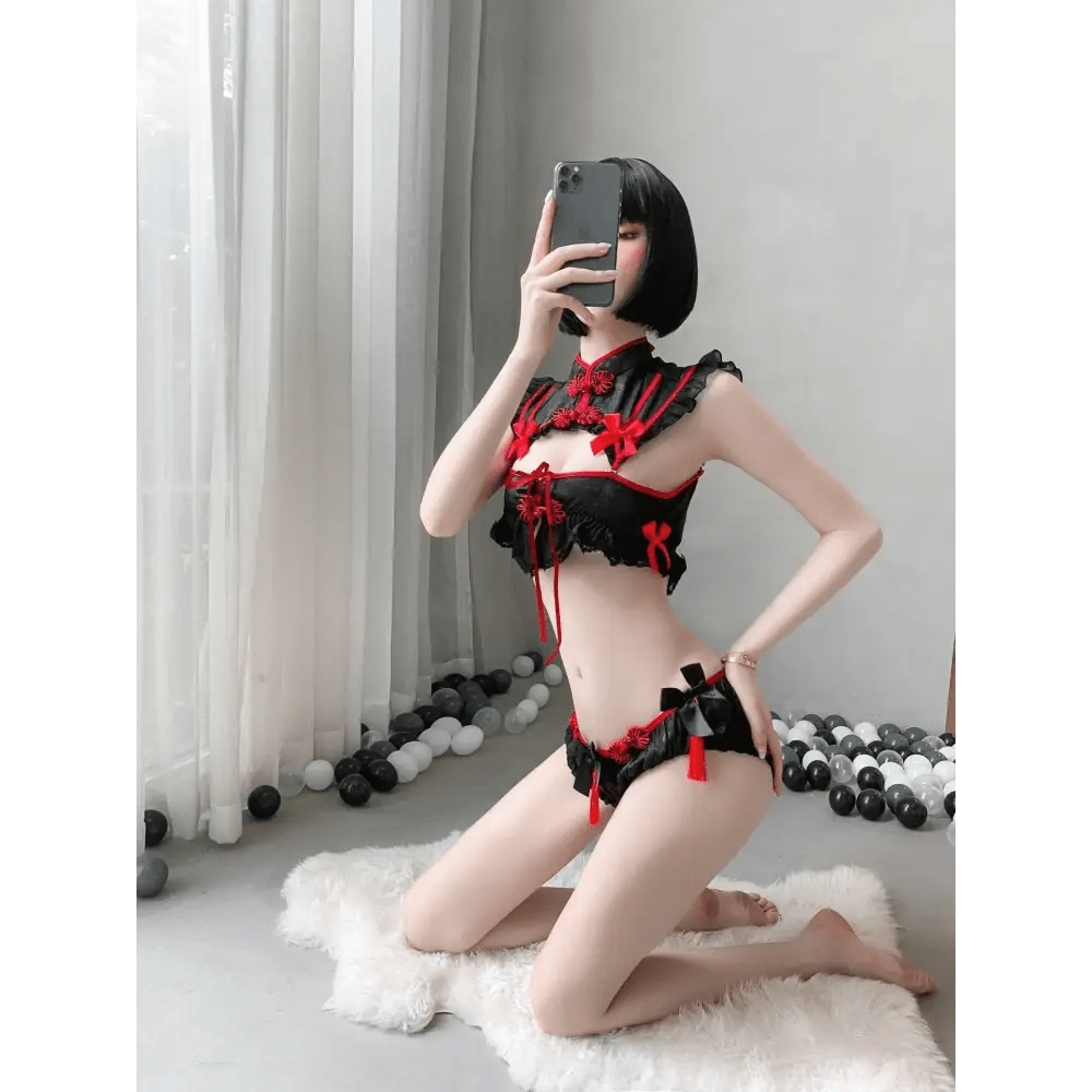 Oriental Inspired Lingerie Set with Ruffled Lace and Red Trim - Cosparty