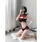 Oriental Inspired Lingerie Set with Ruffled Lace and Red Trim - Cosparty