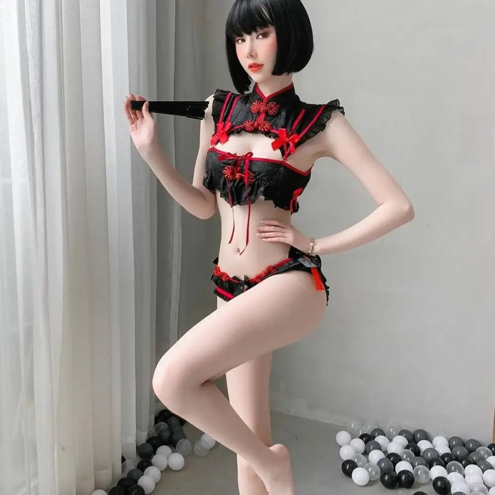 Oriental Inspired Lingerie Set with Ruffled Lace and Red Trim - Cosparty