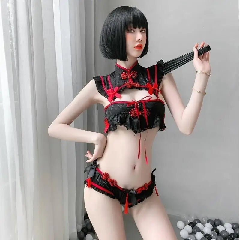 Oriental Inspired Lingerie Set with Ruffled Lace and Red Trim - Cosparty