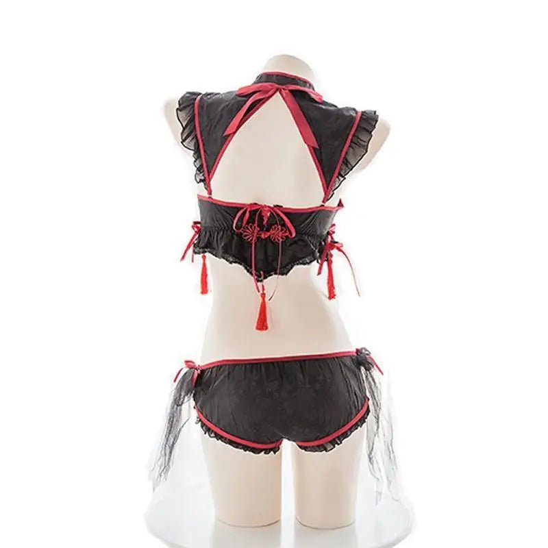 Oriental Inspired Lingerie Set with Ruffled Lace and Red Trim - Cosparty
