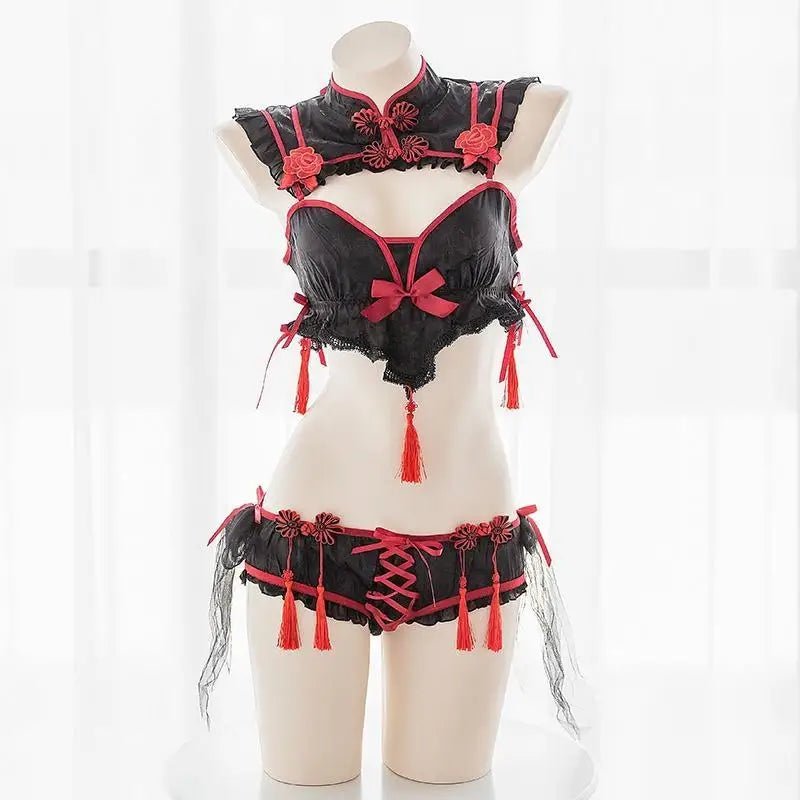Oriental Inspired Lingerie Set with Ruffled Lace and Red Trim - Cosparty