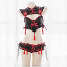 Oriental Inspired Lingerie Set with Ruffled Lace and Red Trim - Cosparty