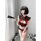 Oriental Inspired Lingerie Set with Ruffled Lace and Red Trim - Cosparty