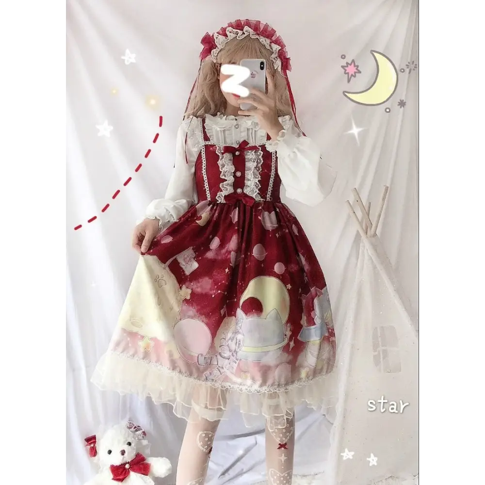 Space Travel Lolita Dress - Red - alien, aliens, cat, dresses, et