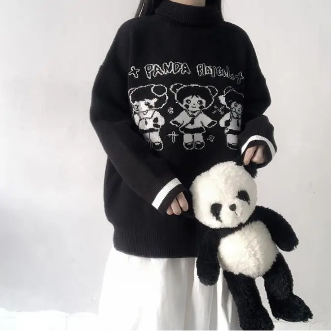 Panda Playgirl Gothic Anime Turtleneck Sweater with 48cm Sleeve Length - Black / S - sweater