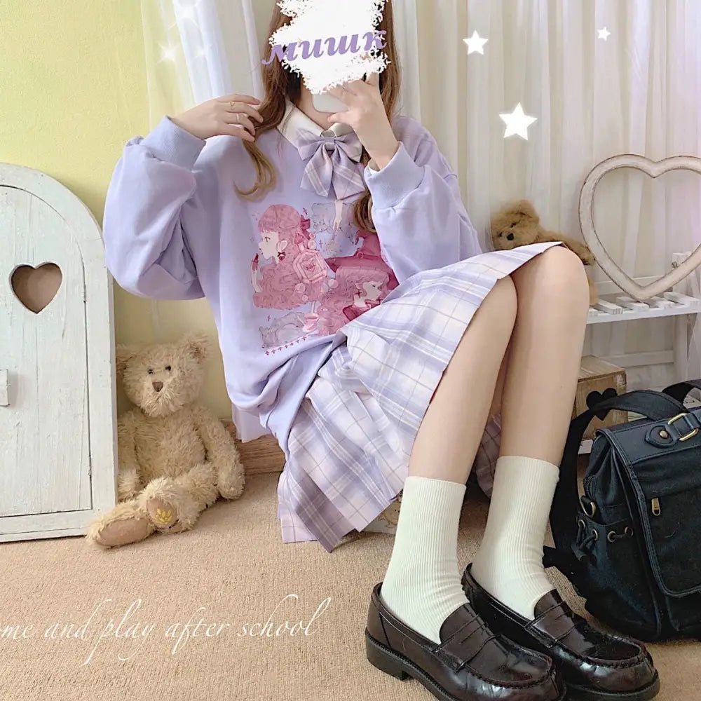 Pastel Anime Sweatshirt with Matching Skirt for Otaku Style - onesie