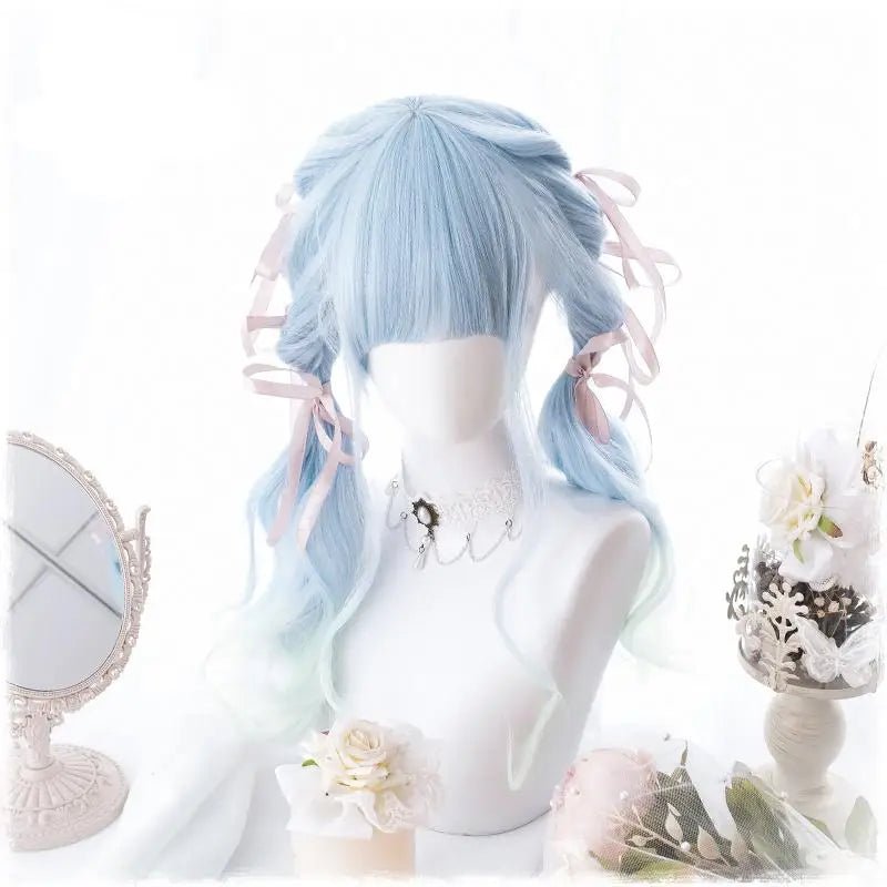 Pastel Blue Long Wavy Lolita Wig with Sweet Fringe - Cosparty