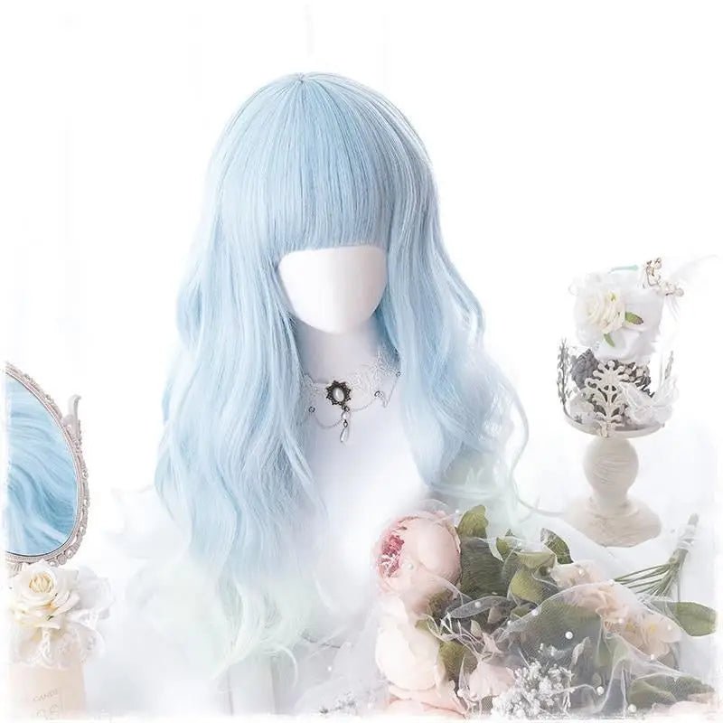 Pastel Blue Long Wavy Lolita Wig with Sweet Fringe - Cosparty