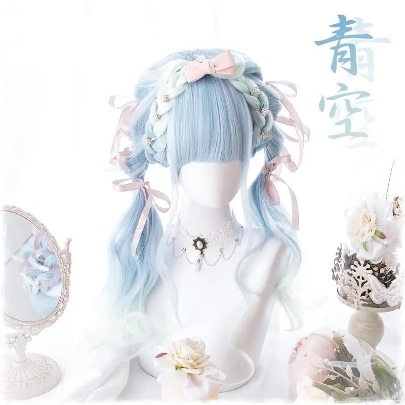 Pastel Blue Long Wavy Lolita Wig with Sweet Fringe - Cosparty