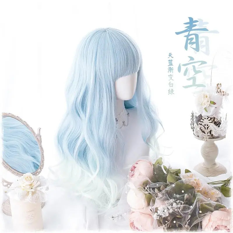 Pastel Blue Long Wavy Lolita Wig with Sweet Fringe - wig