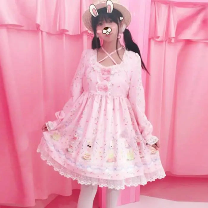 Pastel Bunny Rabbit Tea Party Lolita Dress - Dress