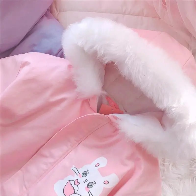Pastel Bunny Rabbit Winter Jacket with Faux - Fur Hood - Cosparty