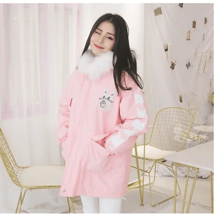 Pastel Bunny Rabbit Winter Jacket with Faux - Fur Hood - Cosparty