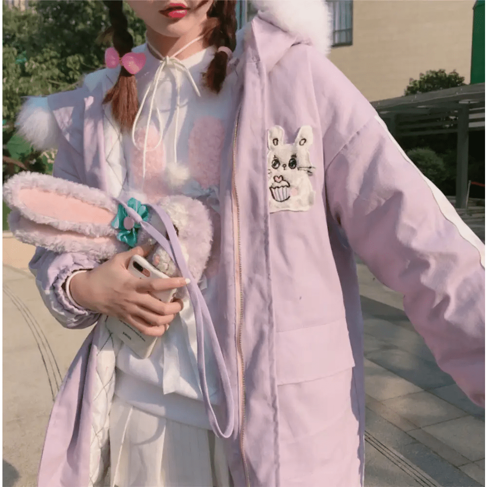 Pastel Bunny Rabbit Winter Jacket with Faux - Fur Hood - Cosparty