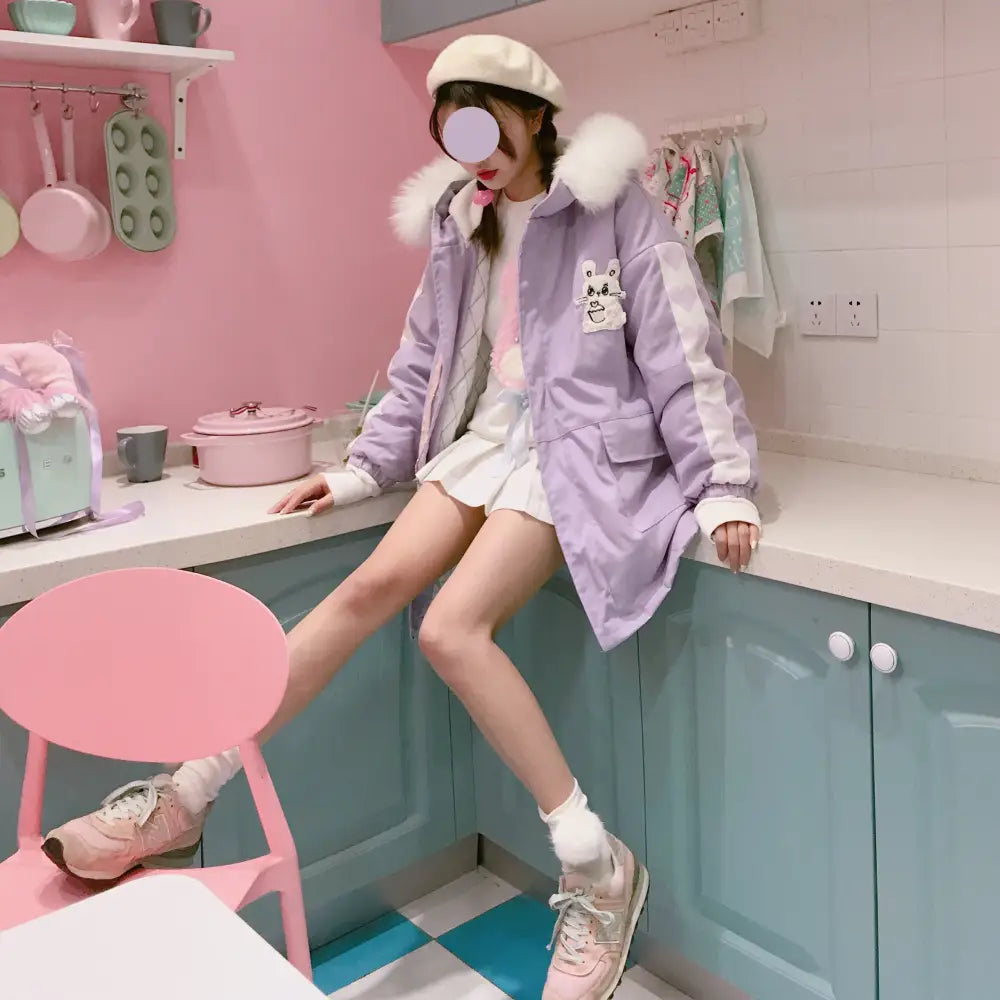 Pastel Bunny Rabbit Winter Jacket with Faux-Fur Hood - coat