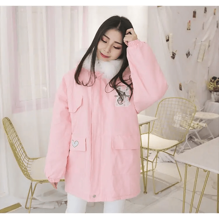 Pastel Bunny Rabbit Winter Jacket with Faux - Fur Hood - Cosparty