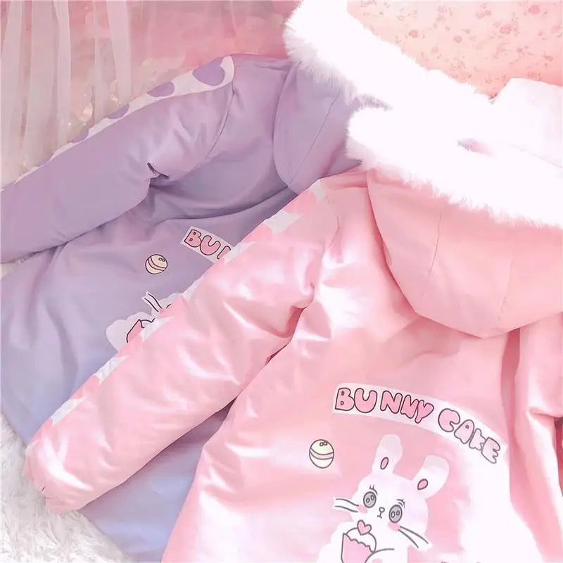 Pastel Bunny Rabbit Winter Jacket with Faux-Fur Hood - coat