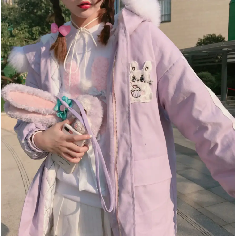 Pastel Bunny Rabbit Winter Jacket with Faux-Fur Hood - coat