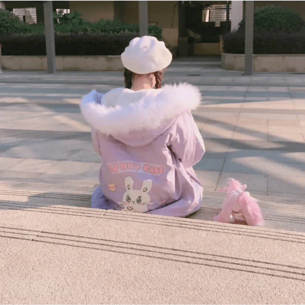 Pastel Bunny Rabbit Winter Jacket with Faux - Fur Hood - Cosparty