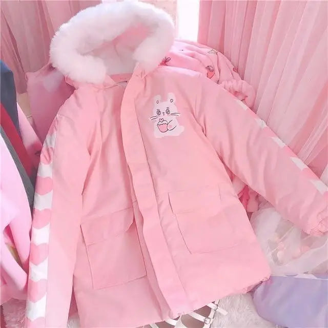 Pastel Bunny Rabbit Winter Jacket with Faux-Fur Hood - coat