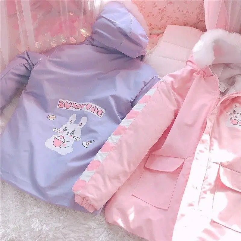 Pastel Bunny Rabbit Winter Jacket with Faux-Fur Hood - coat