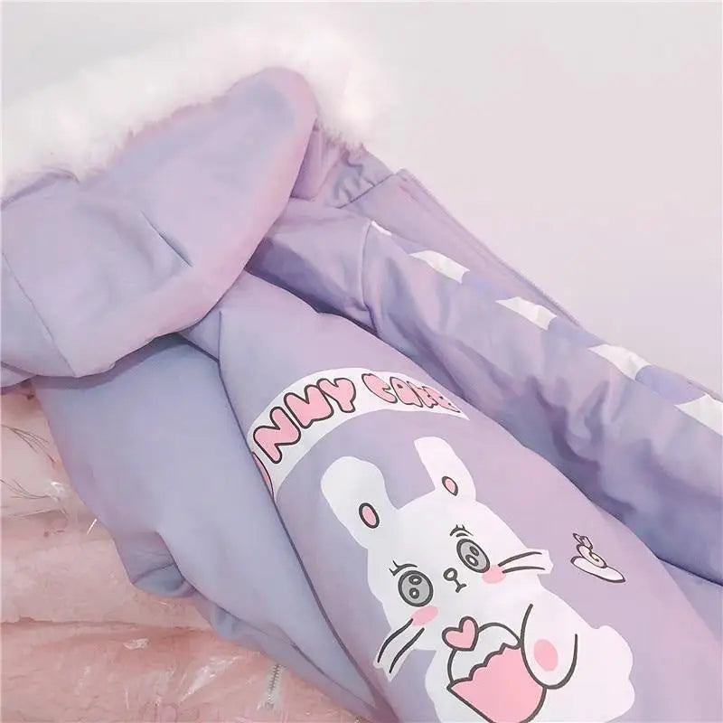 Pastel Bunny Rabbit Winter Jacket with Faux-Fur Hood - coat