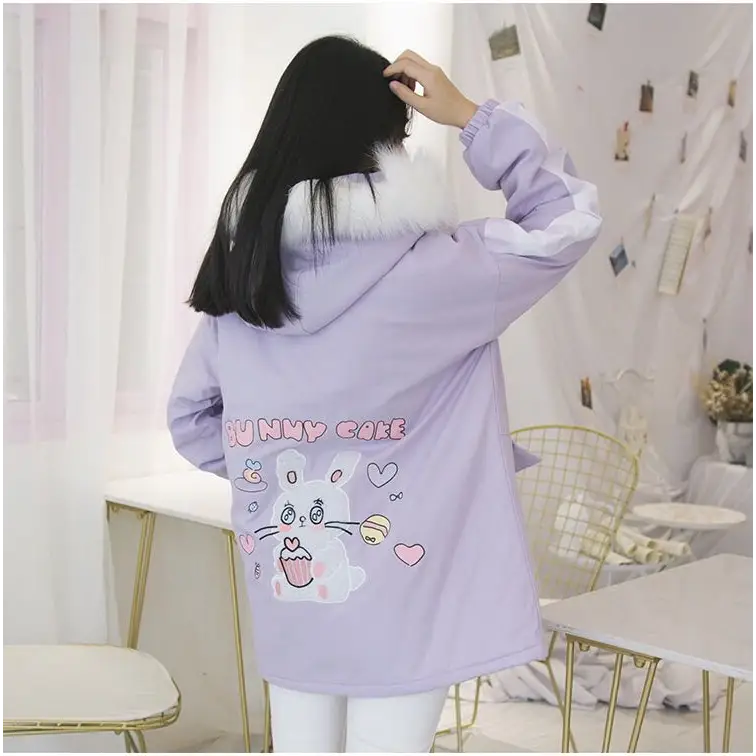 Pastel Bunny Rabbit Winter Jacket with Faux-Fur Hood - coat