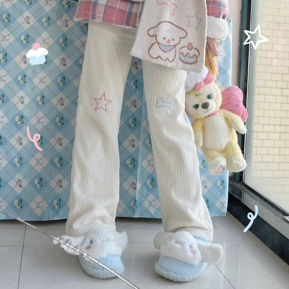 Pastel Candy Colored Kawaii Pants with Embroidered Star and Bone - pants