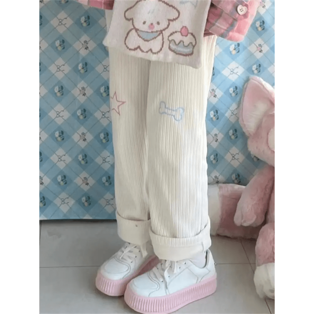 Pastel Candy Colored Kawaii Pants with Embroidered Star and Bone - Cosparty