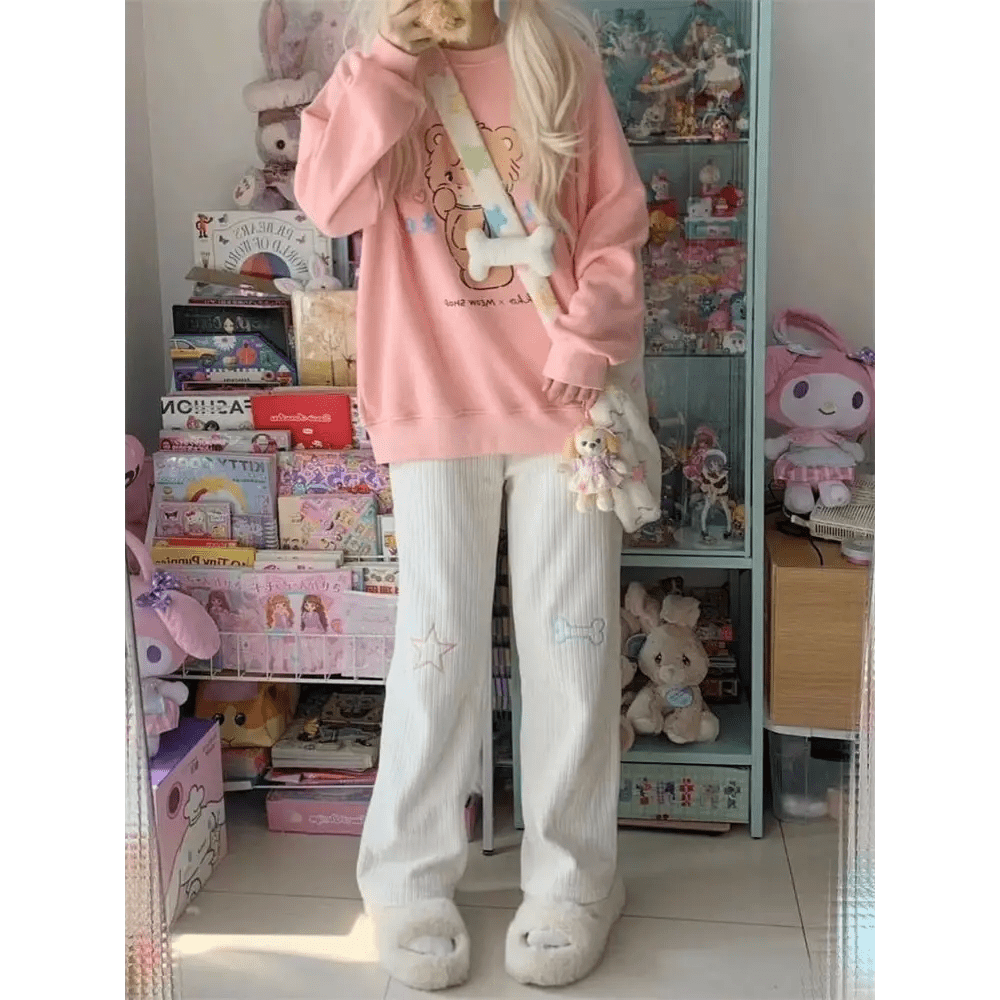 Pastel Candy Colored Kawaii Pants with Embroidered Star and Bone - Cosparty