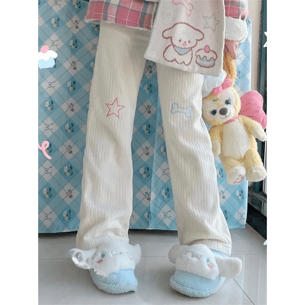 Pastel Candy Colored Kawaii Pants with Embroidered Star and Bone - Cosparty