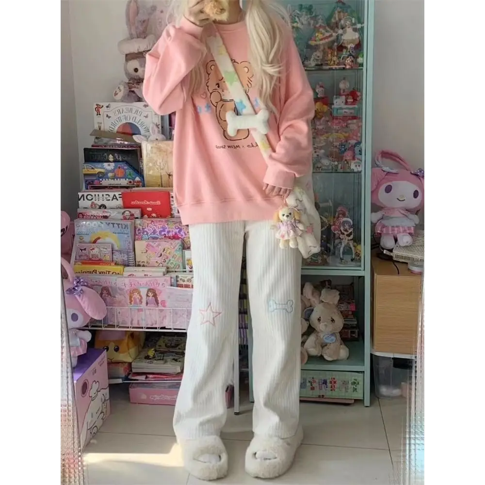 Pastel Candy Colored Kawaii Pants with Embroidered Star and Bone - pants