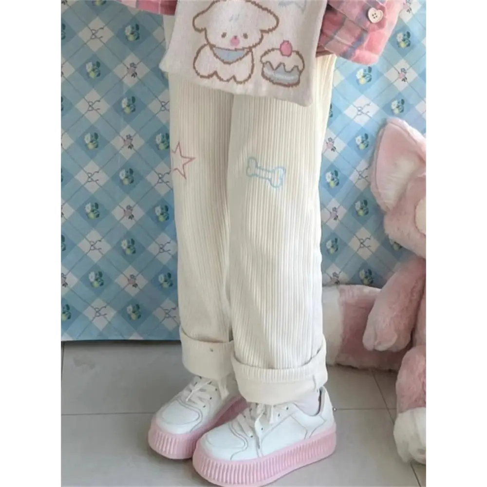 Pastel Candy Colored Kawaii Pants with Embroidered Star and Bone - pants